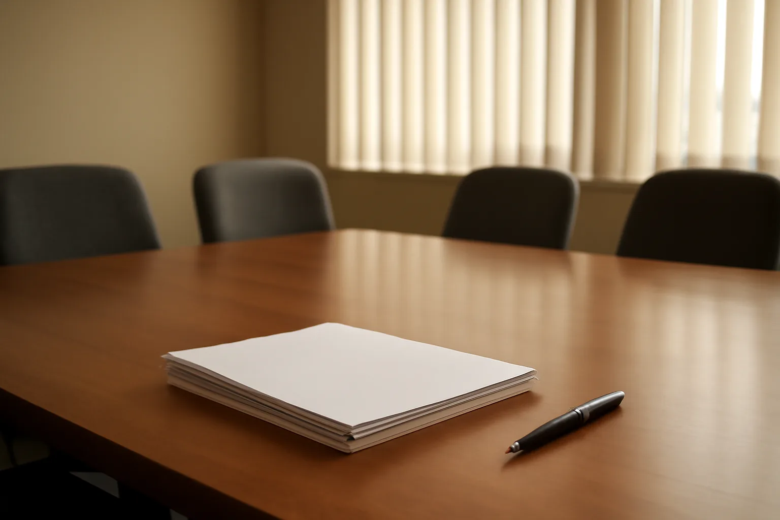Documents and pen on a table in a condo board meeting room