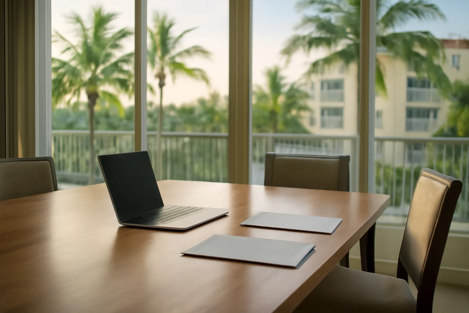 Condo board meeting table with documents, palm trees visible through window in West Palm Beach