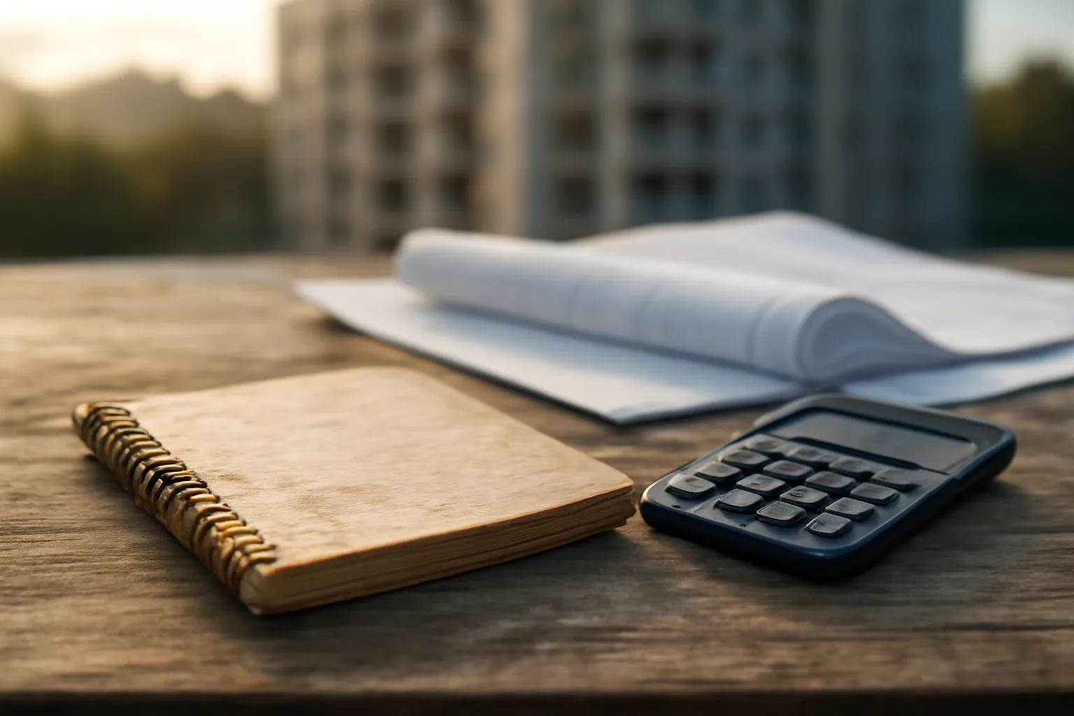 Notebook, calculator, and blueprints on a table for HOA reserve tracking planning