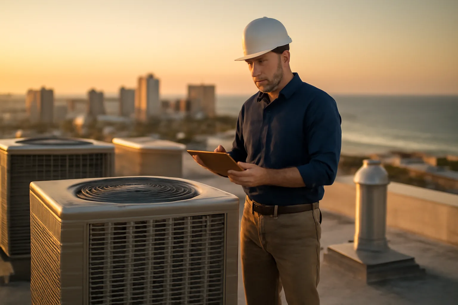 Engineer inspecting rooftop equipment during a capital reserve study at a Florida condo