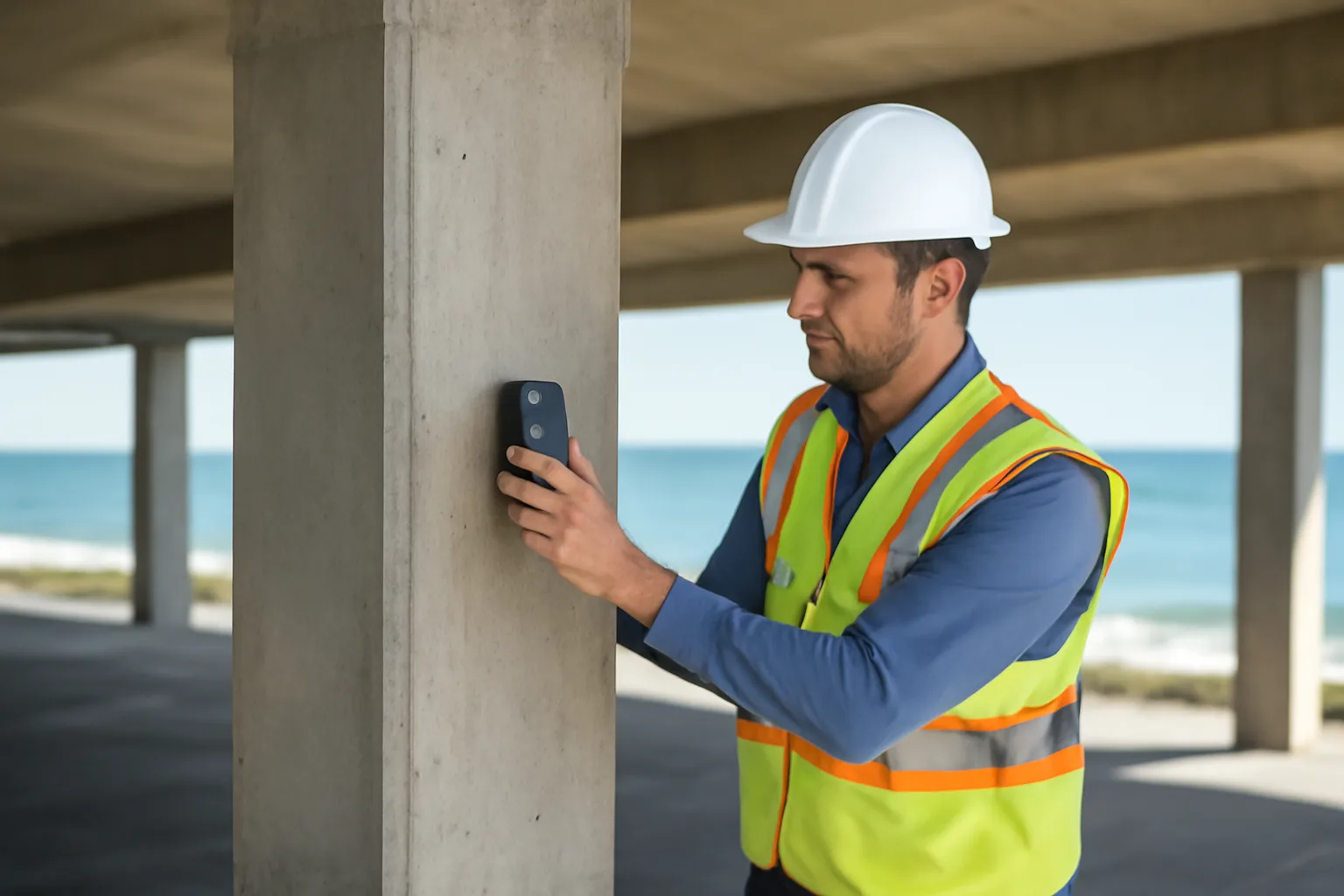 Engineer inspecting concrete column during a condo milestone inspection near the coast