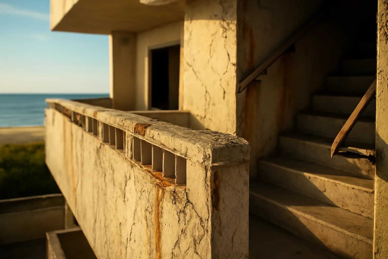 Weathered concrete balcony and stairwell showing structural wear on a Florida condo building