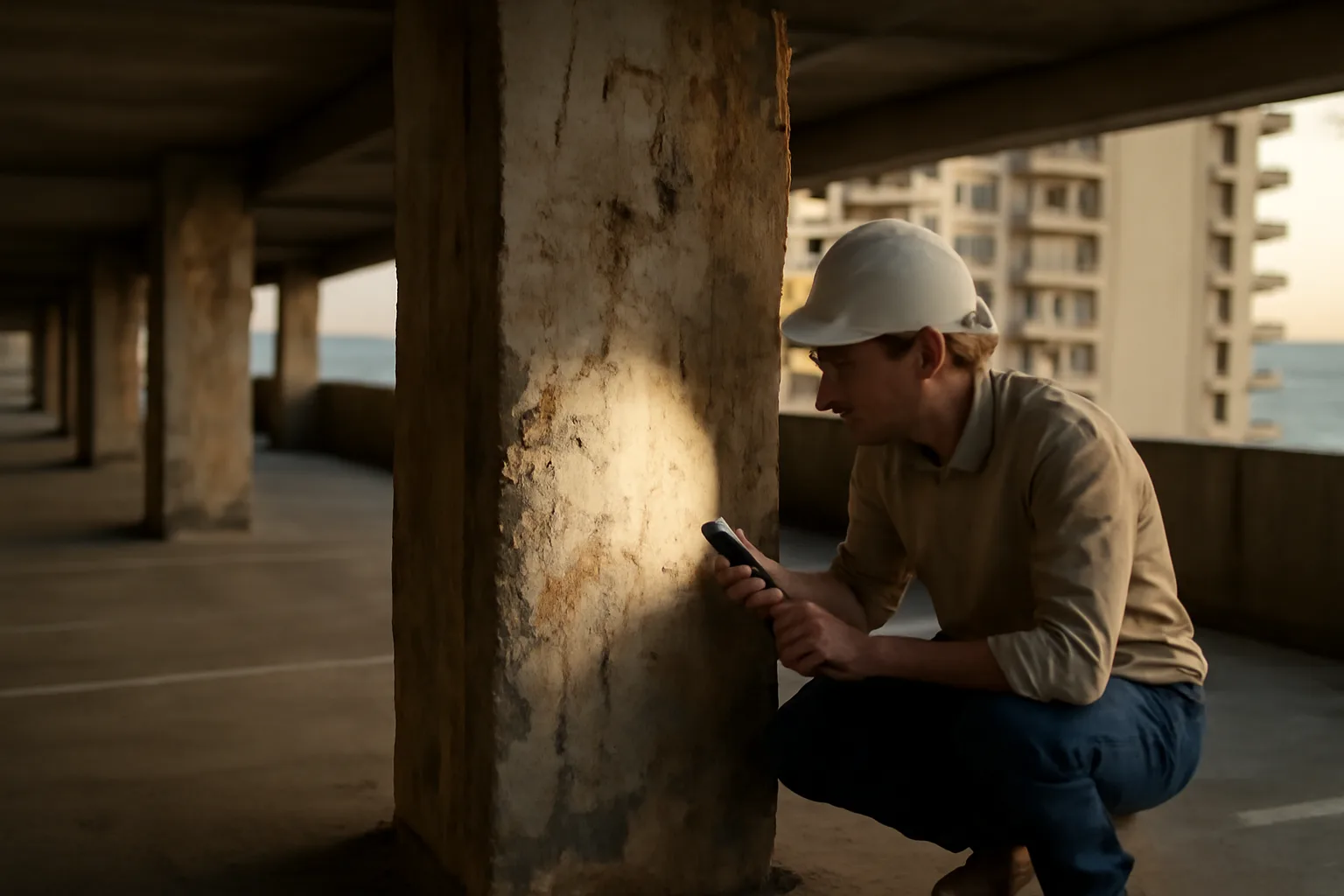 Engineer inspecting concrete column at coastal condo building for reserve study