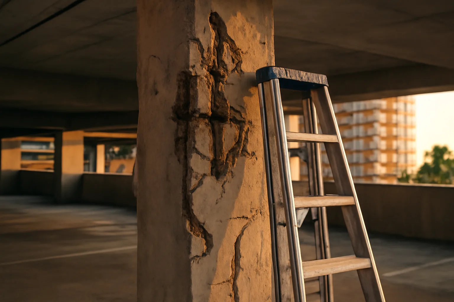 Concrete column showing structural deterioration under a Florida condo building at sunset