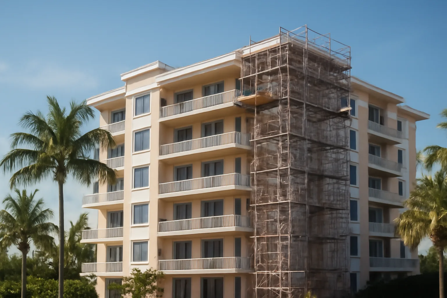 Florida condo building under repair scaffolding, illustrating costs behind a special assessment payment plan