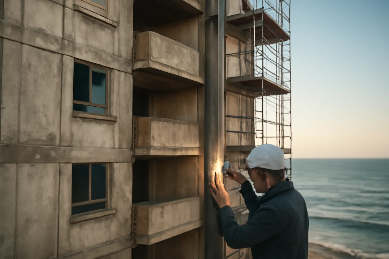 Engineer inspecting concrete support beam on a coastal Florida condo building facade
