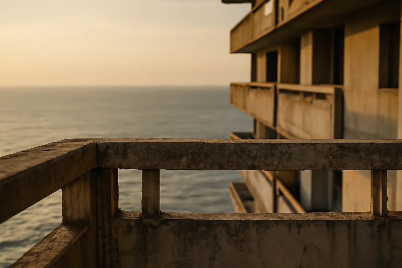 Coastal Florida condo building exterior showing aging concrete structure near sunset