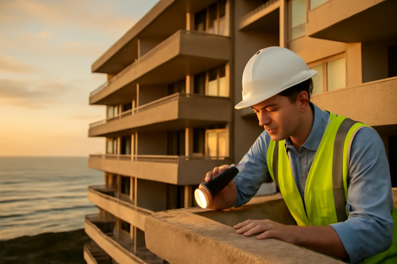 Engineer inspecting concrete balcony of a Florida coastal condo building during a structural inspection