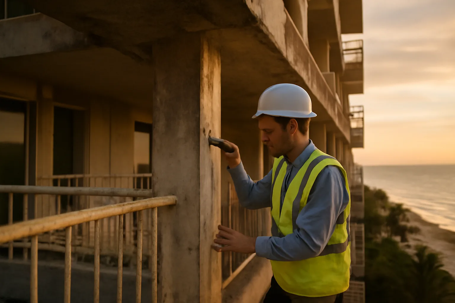 Engineer inspecting concrete support column at coastal Florida condominium building