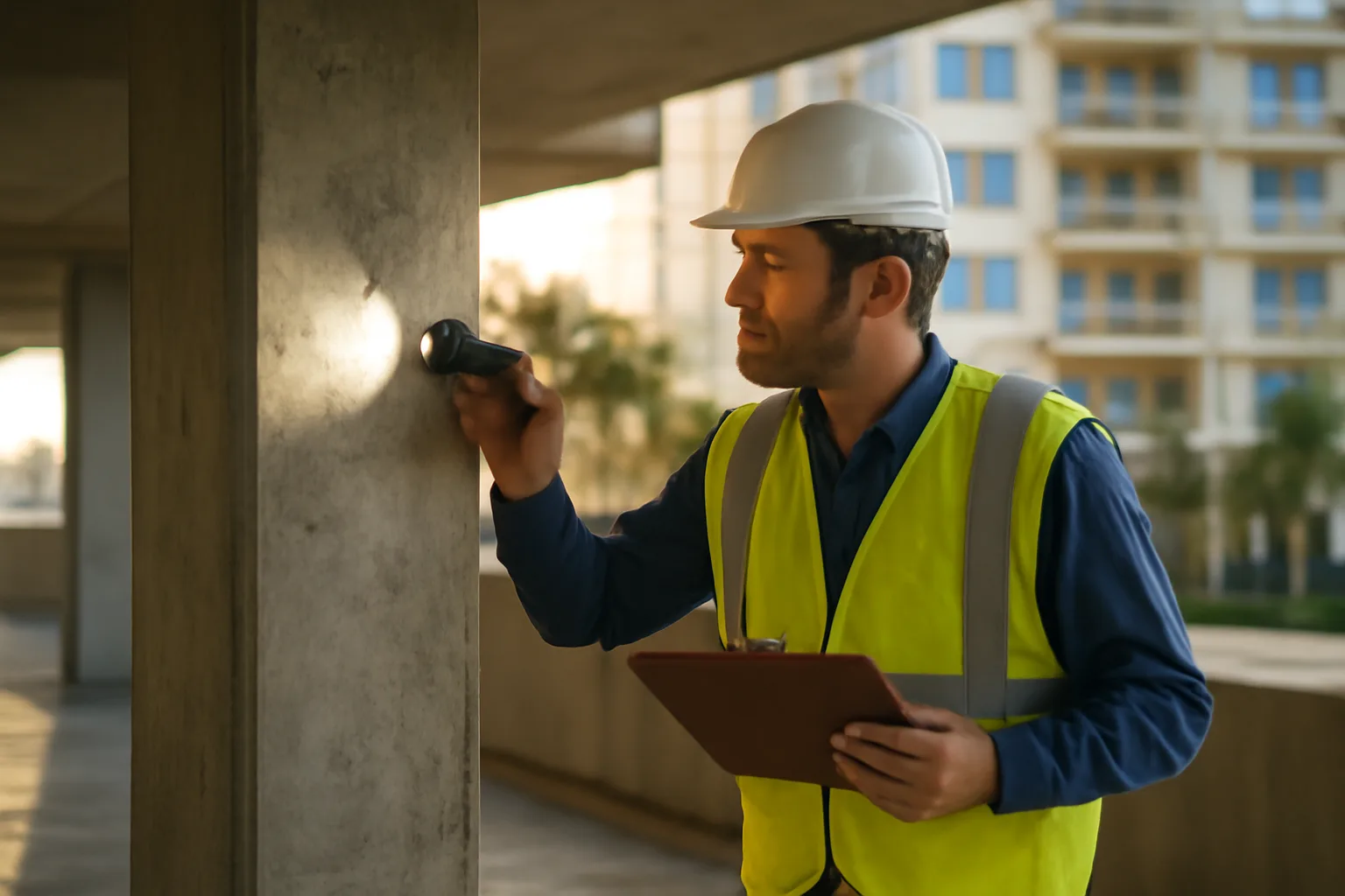 Inspector examining a concrete support column during an HOA reserve study inspection