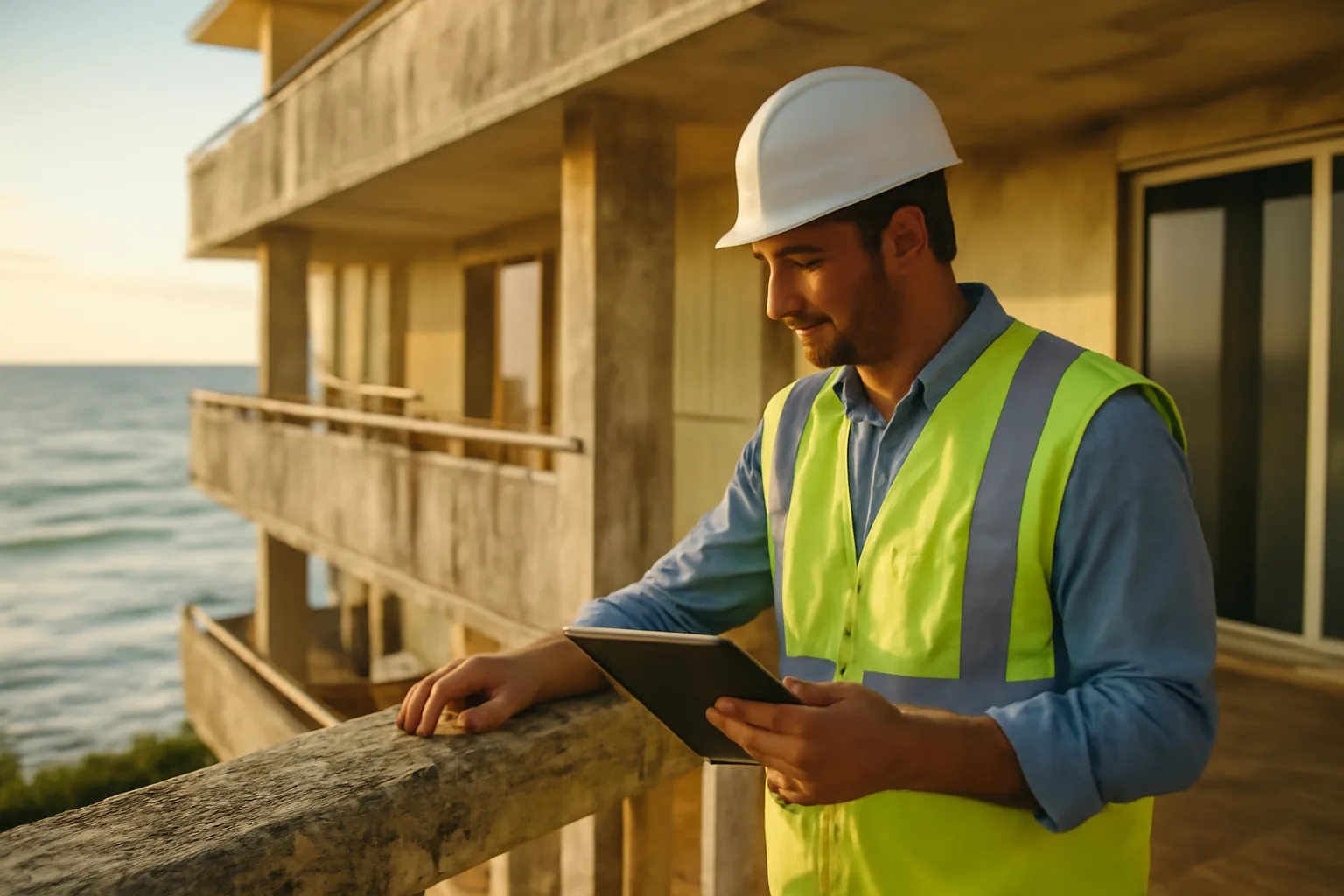 Engineer inspecting a Florida condo building's structure during a reserve study visit