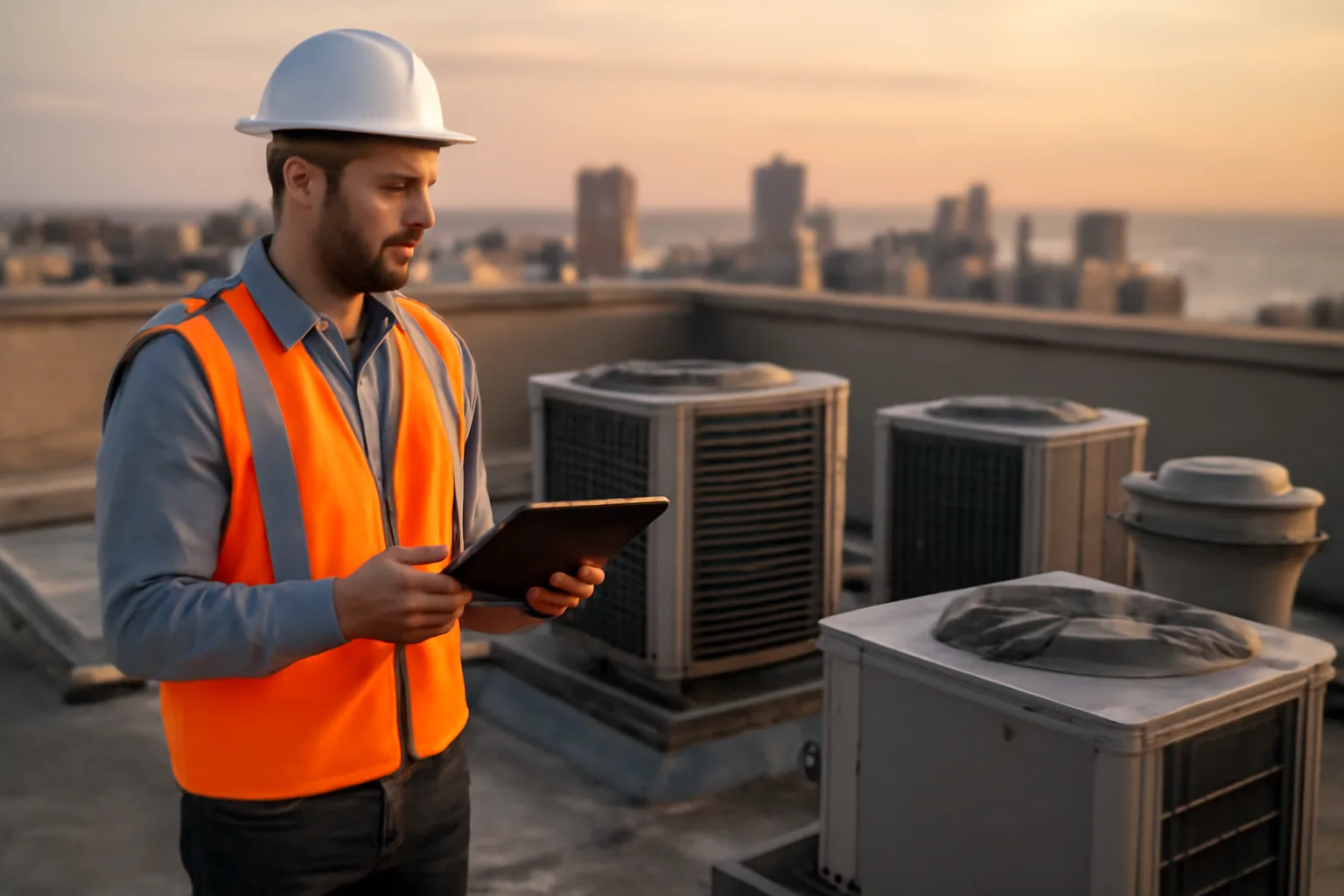 Engineer inspecting a condo rooftop during a professional reserve study