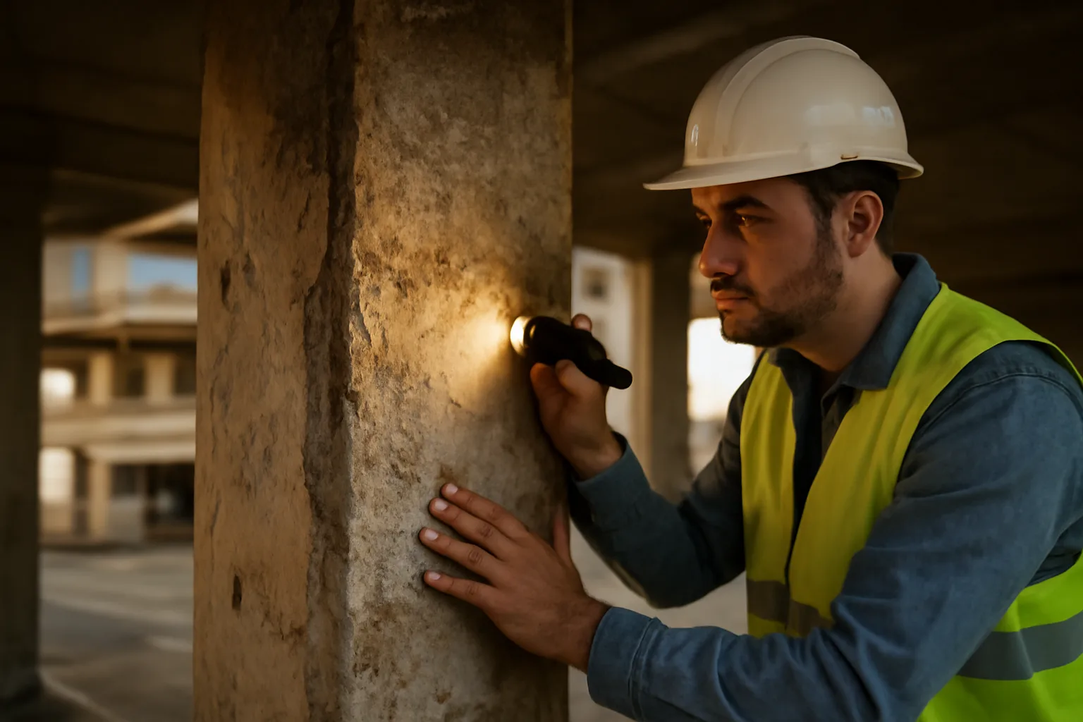 Engineer inspecting a concrete support column during a Florida condo reserve study
