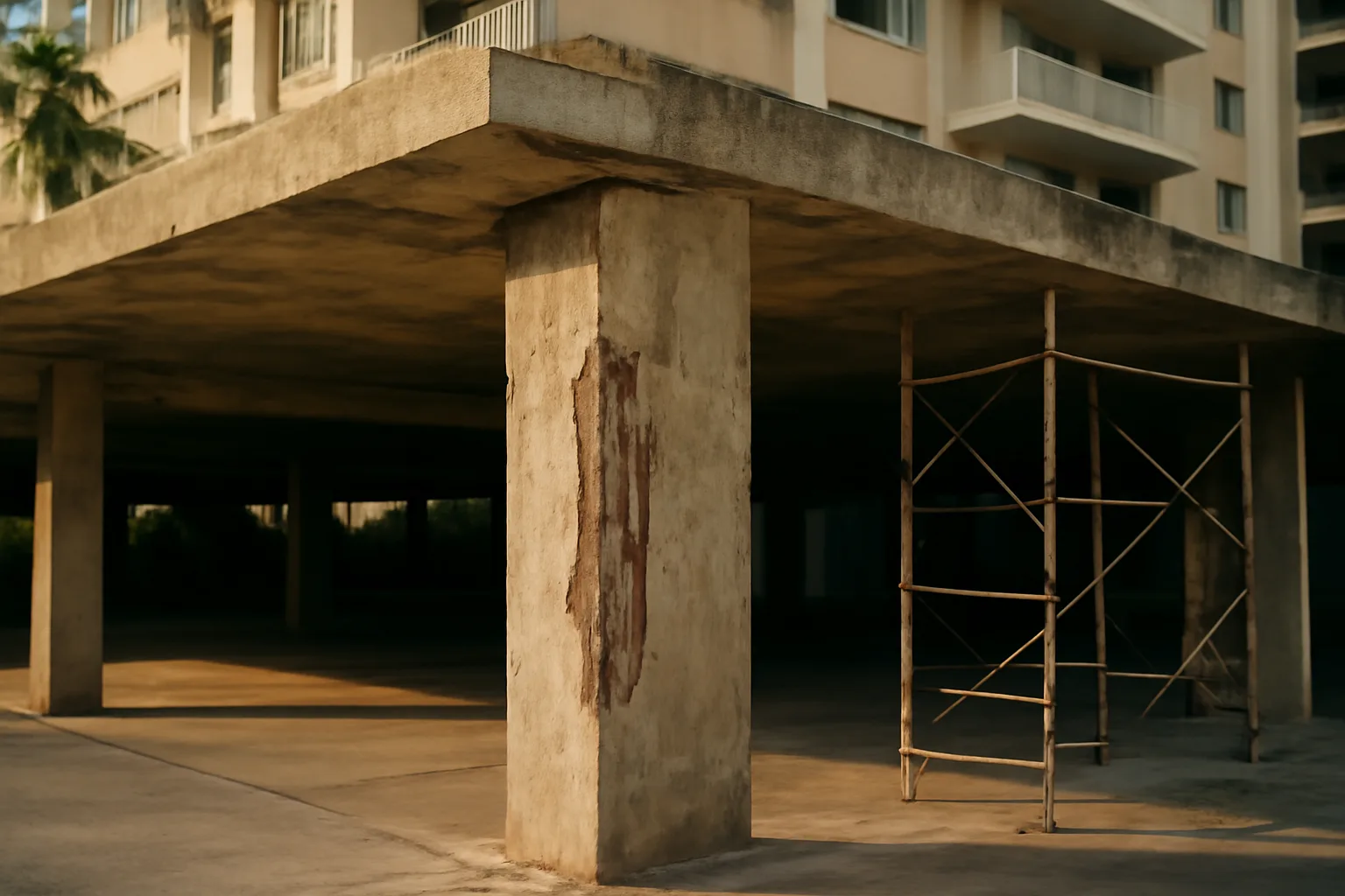 Concrete repair scaffolding on a Florida condo building illustrating special assessment condo meaning