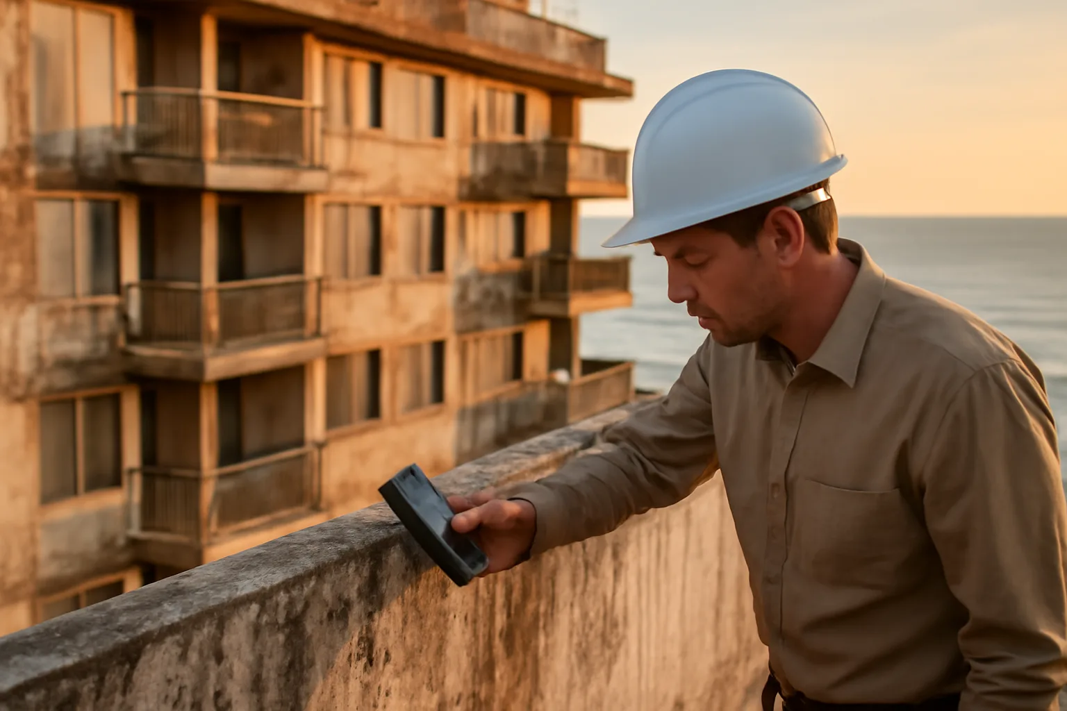 Engineer inspecting a coastal Florida condo balcony during a structural review