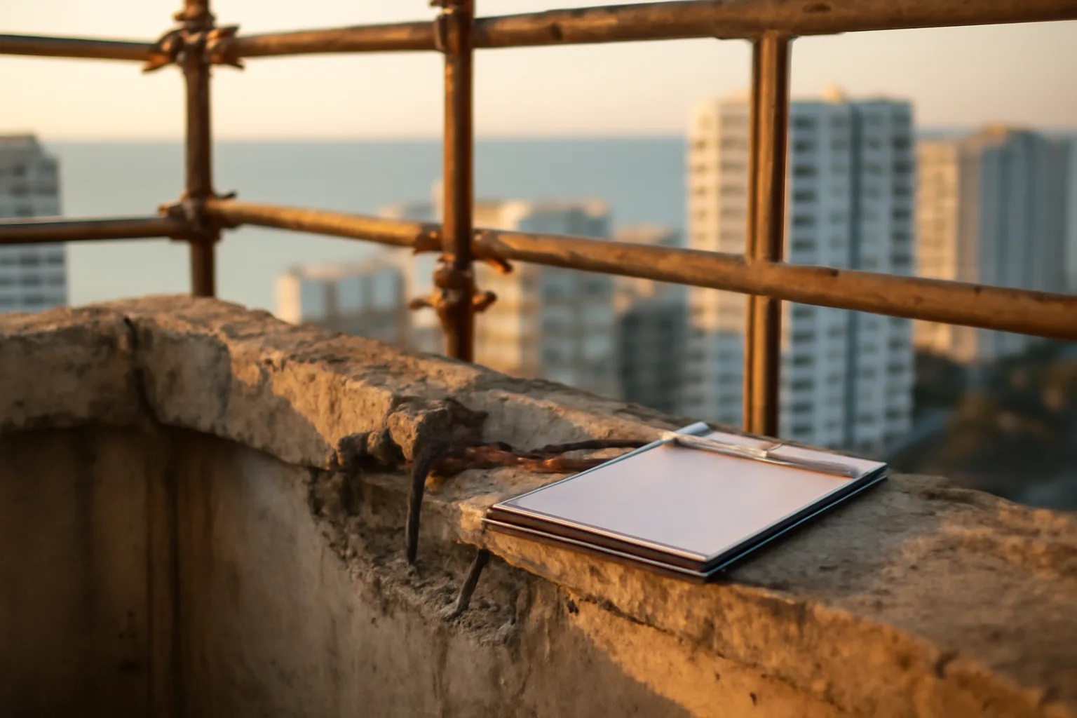 Condo building balcony under structural repair scaffolding at sunset near the coast