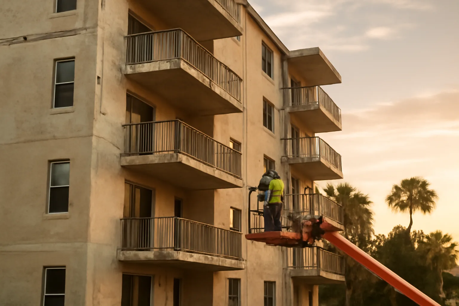 Engineer inspecting a Florida condo building exterior for a reserve study