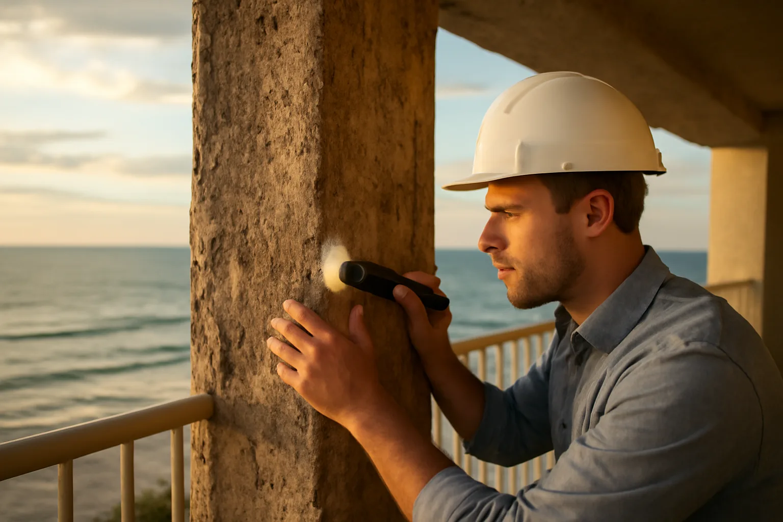 Engineer inspecting a concrete support column on a coastal Florida condo building