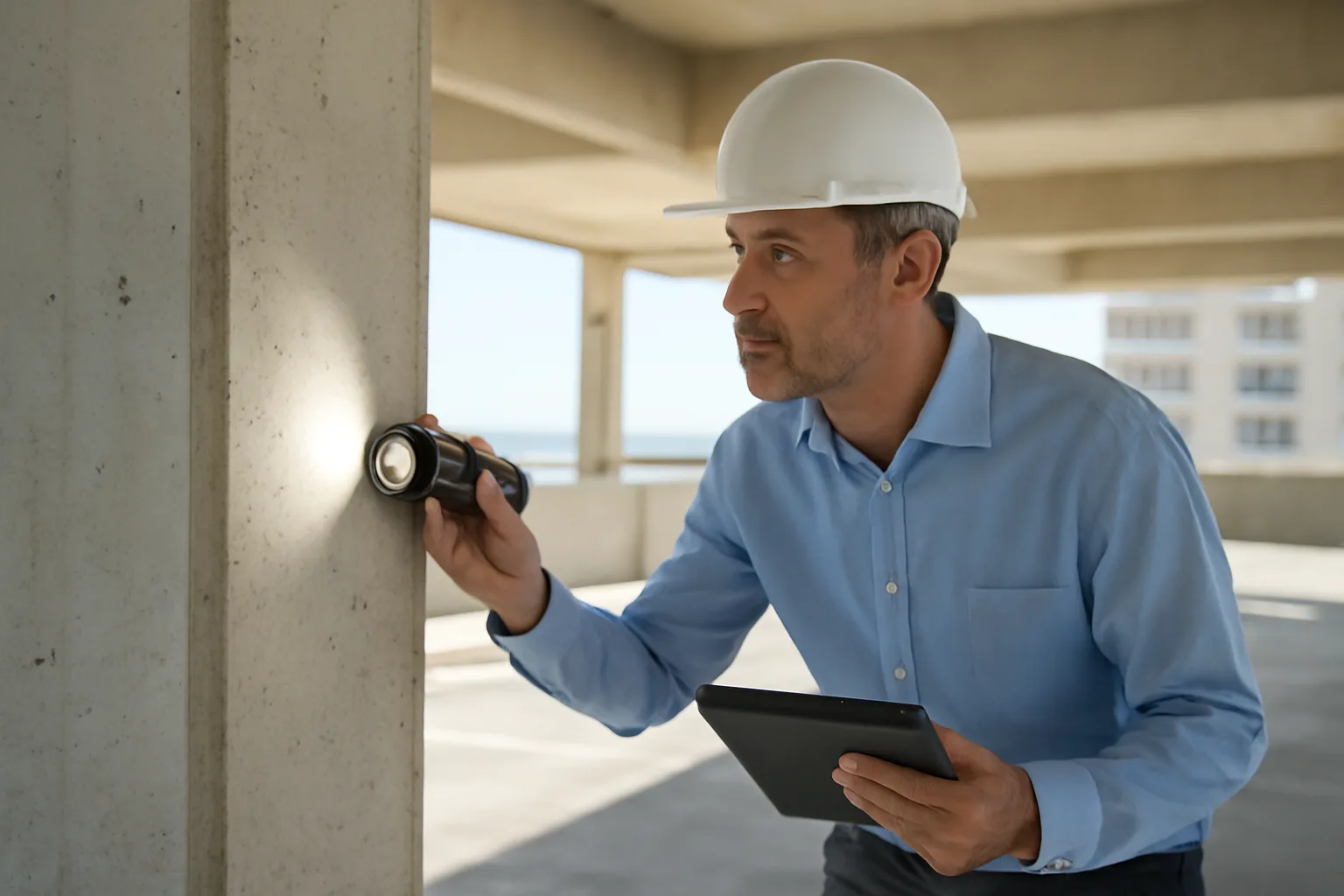 Licensed engineer inspecting a concrete structural column during a Florida milestone inspection