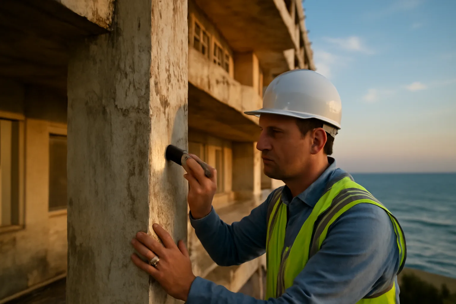 Inspector examining concrete support column during a Florida milestone inspection near the coast