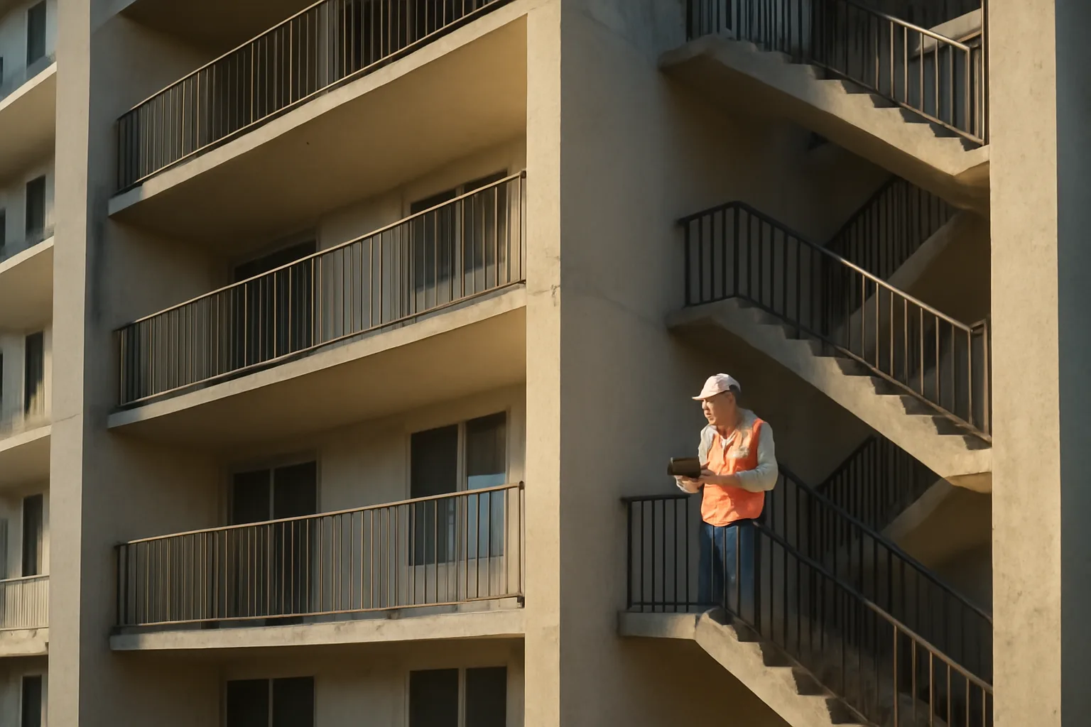Engineer inspecting concrete balcony on Florida condominium building for milestone structural review
