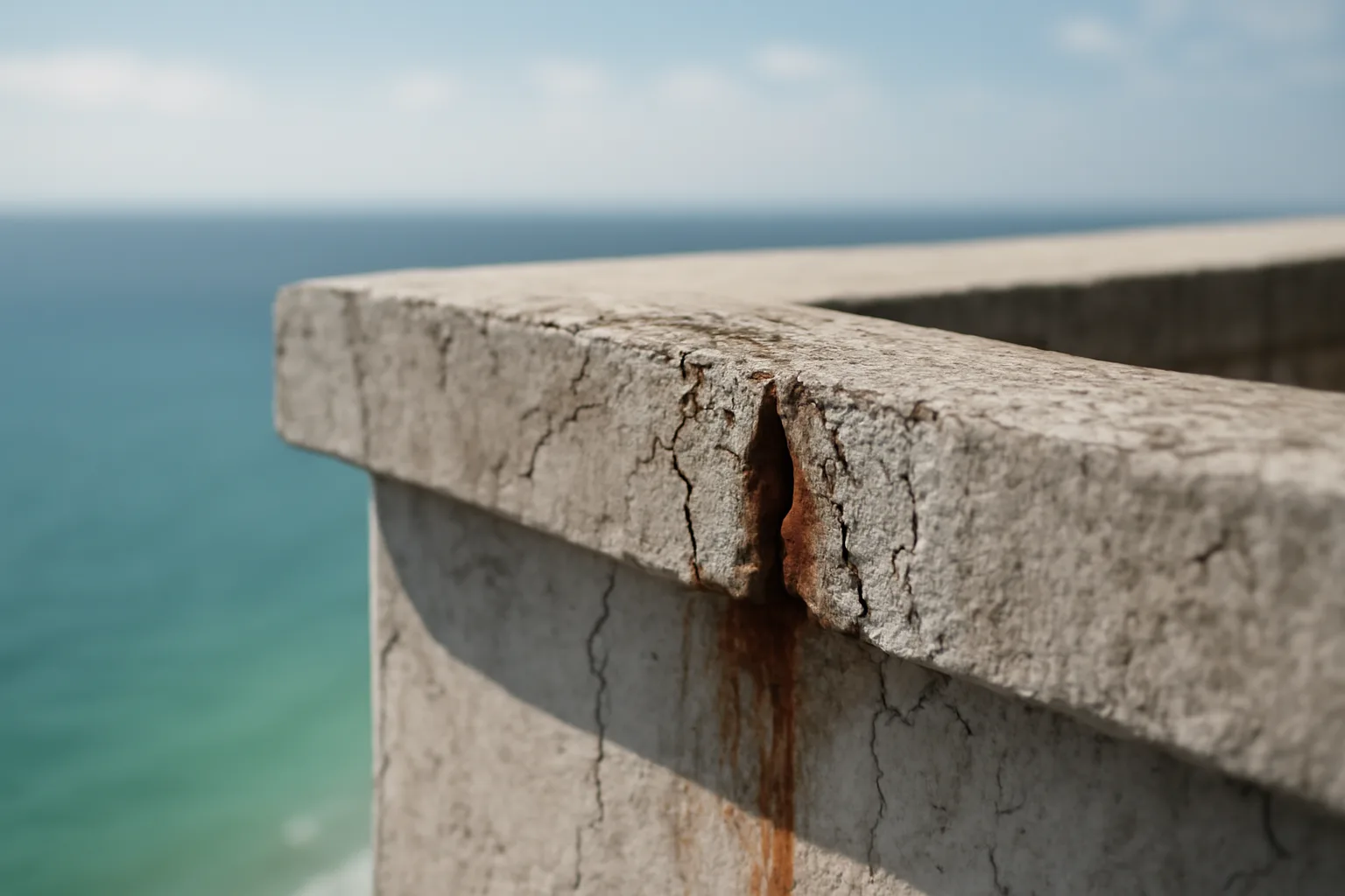 Close-up of cracked concrete and rust staining on a Florida condo balcony during a milestone inspection