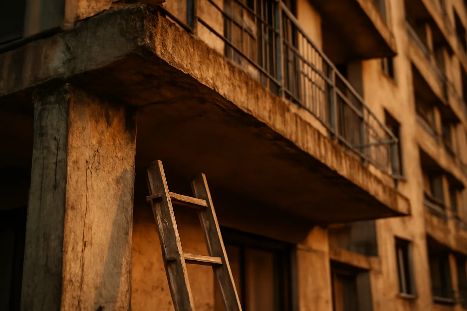 Aging concrete condo column and balcony during a Florida milestone inspection at dusk