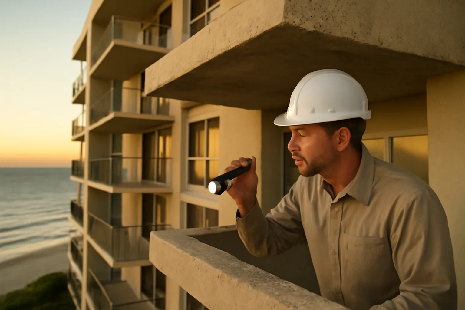 Engineer inspecting concrete structural support on a Florida beachfront condo building