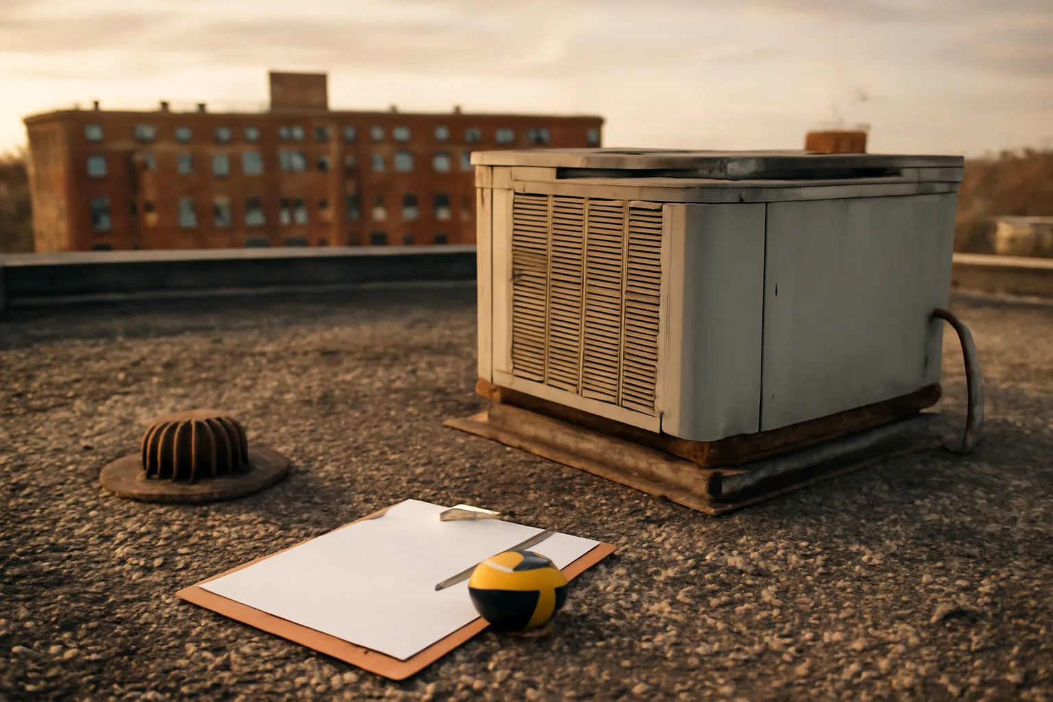 Rooftop mechanical equipment and inspection tools on a New Jersey condo building during a reserve study site visit