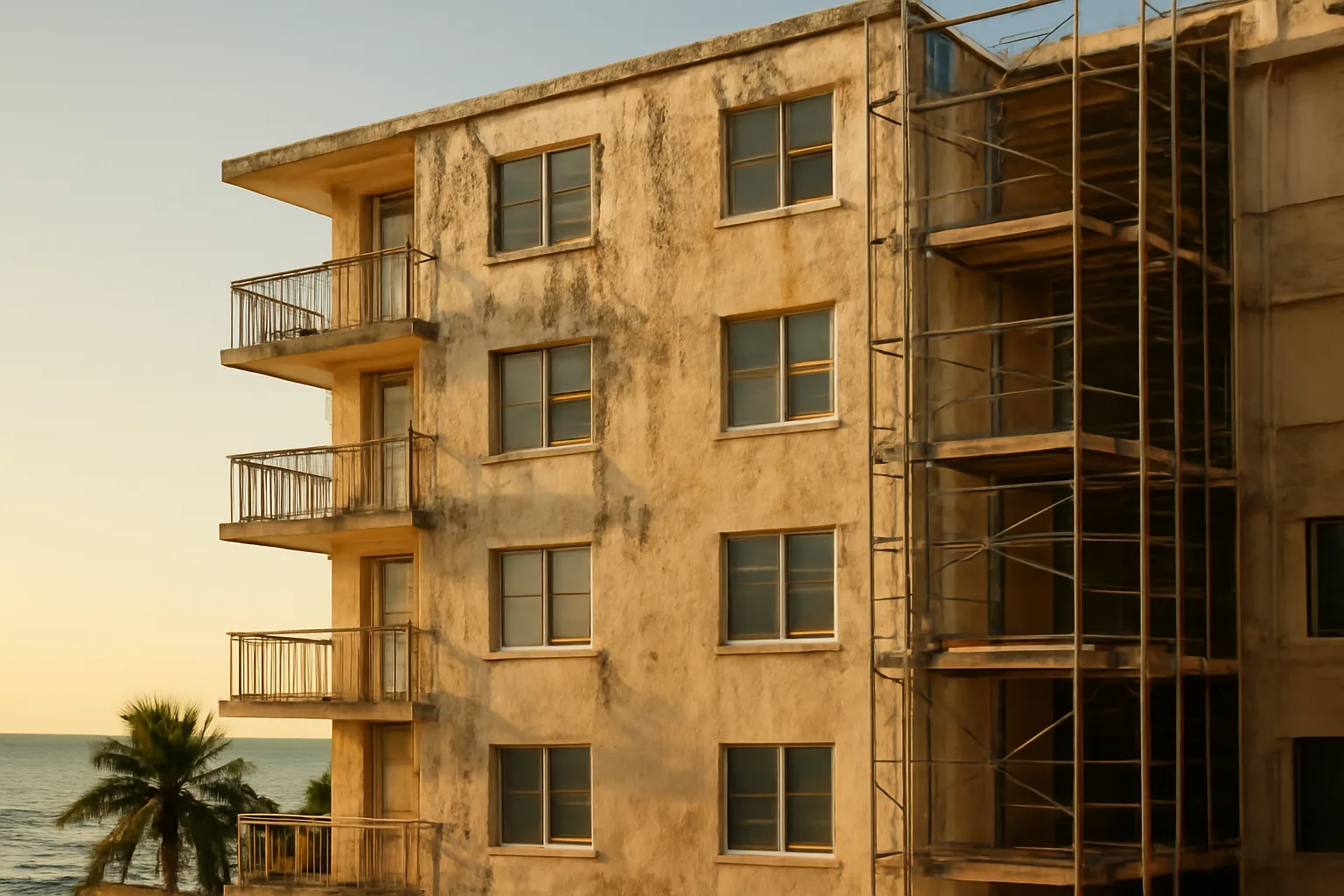 Coastal Florida condo building with scaffolding during structural repair work