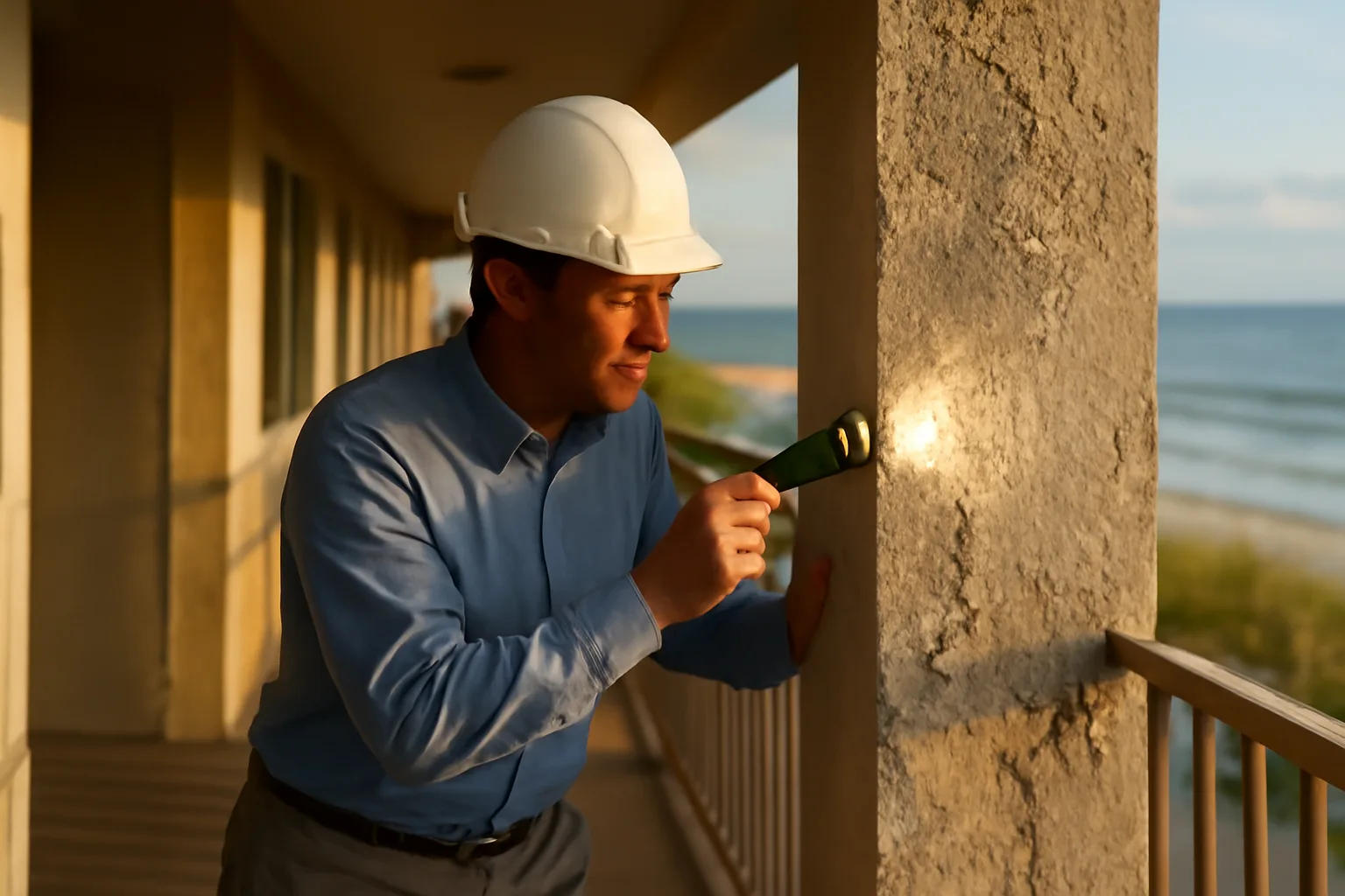 Engineer inspecting a concrete support column at a Florida condo building for reserve study