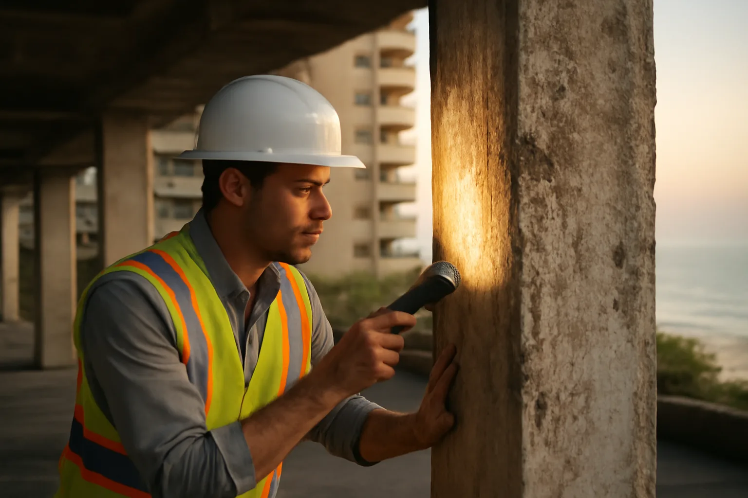 Engineer inspecting a concrete support column at a Florida coastal condo building