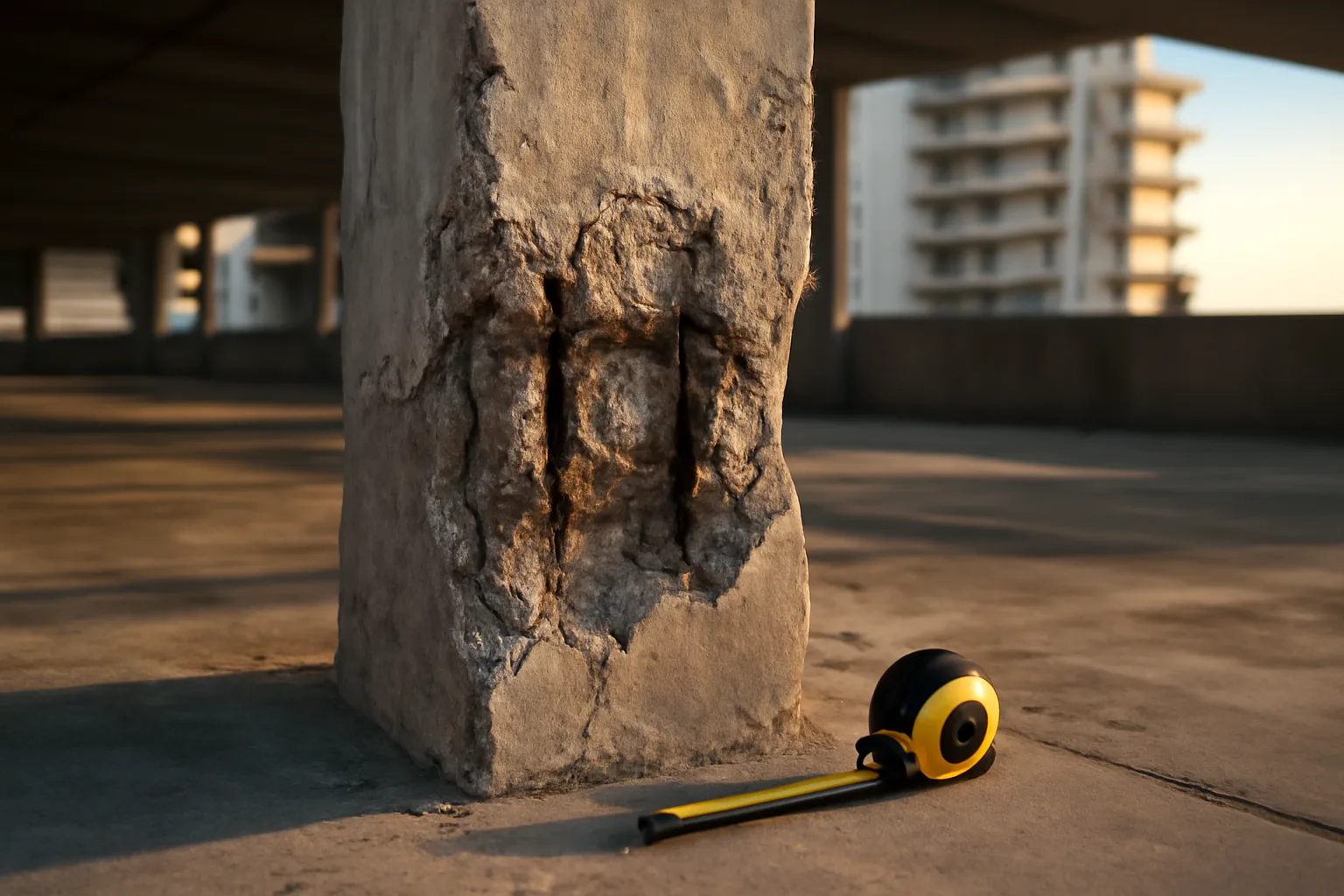 Concrete column with structural deterioration under a Florida condo building, illustrating special assessment disclosure