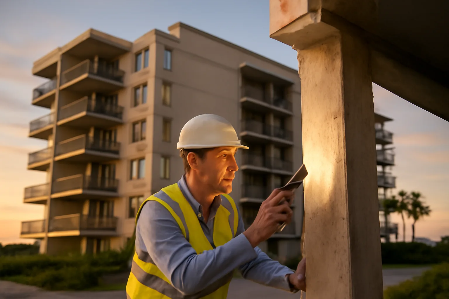 Engineer inspecting a concrete support column at a Florida coastal condo building