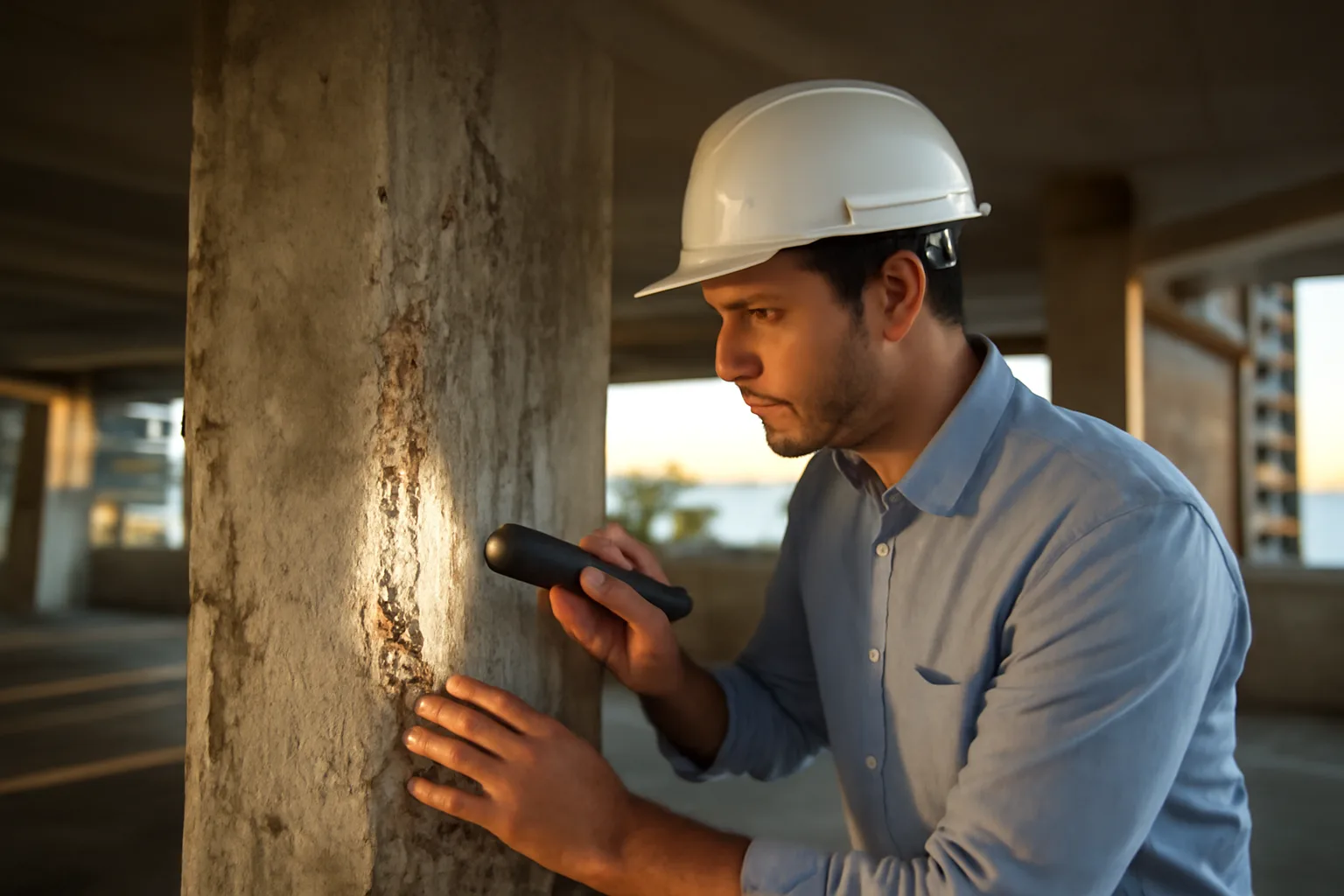 Engineer inspecting a concrete structural column at a Florida condo building for reserve study