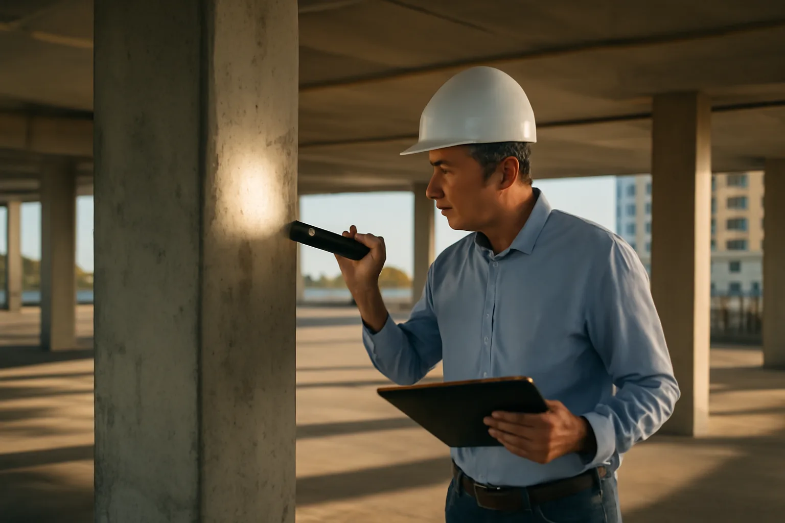 Engineer inspecting a concrete structural column during an HOA reserve fund study