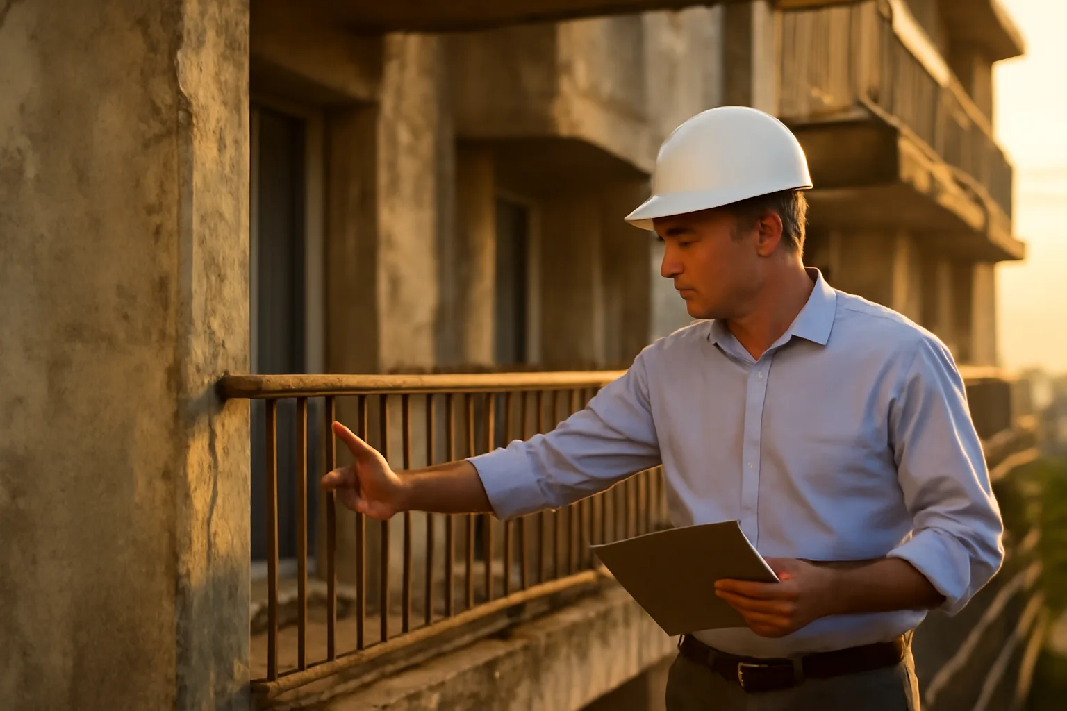 Engineer inspecting a Florida condo building facade during a structural reserve assessment