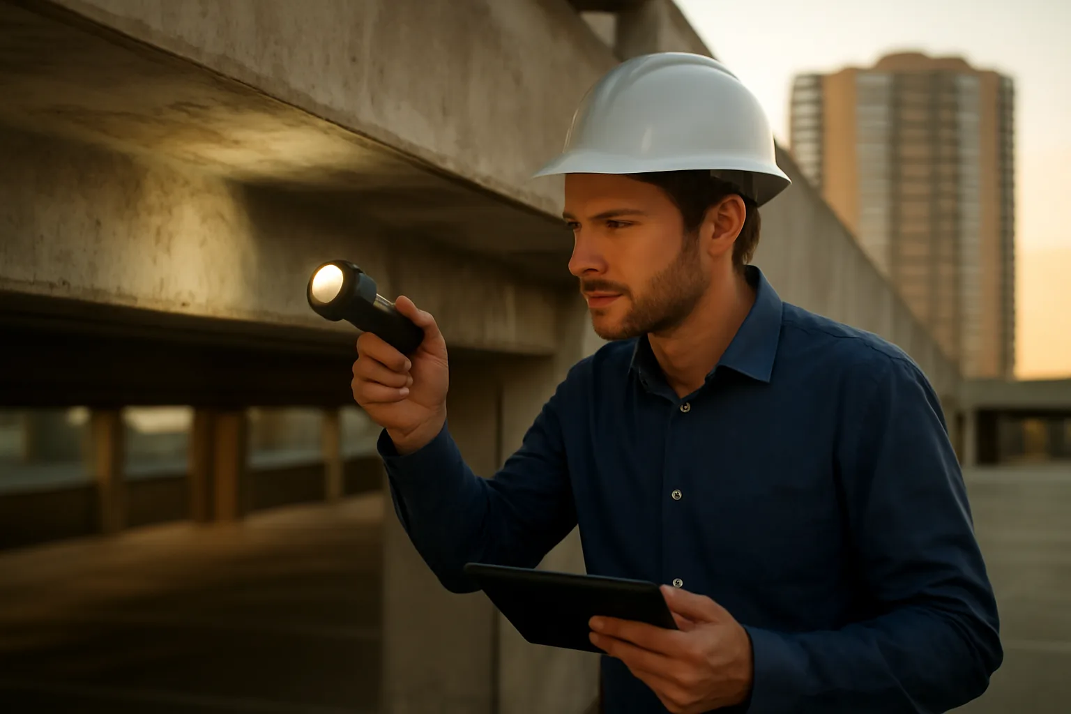 Engineer inspecting concrete structural beam during a Florida condo reserve study