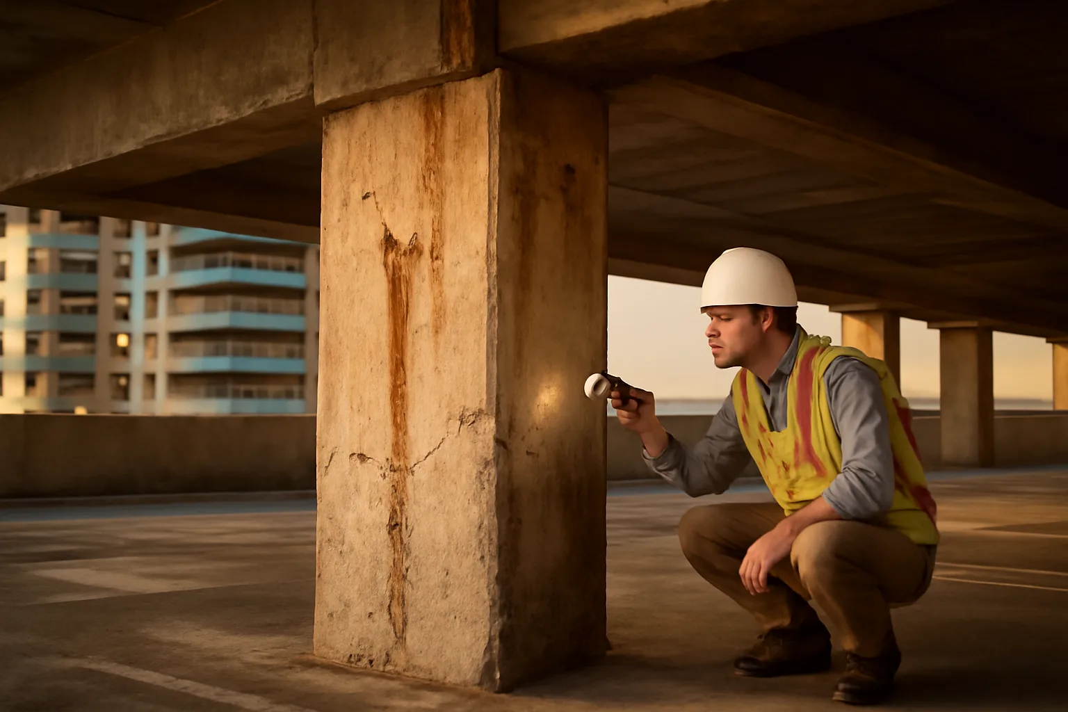 Engineer inspecting a coastal condo building column, illustrating how much HOA reserves should cover