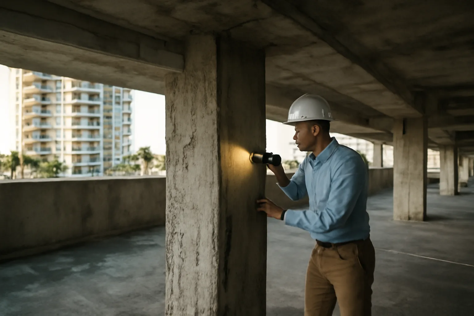 Engineer inspecting a concrete support column under a Florida condo building