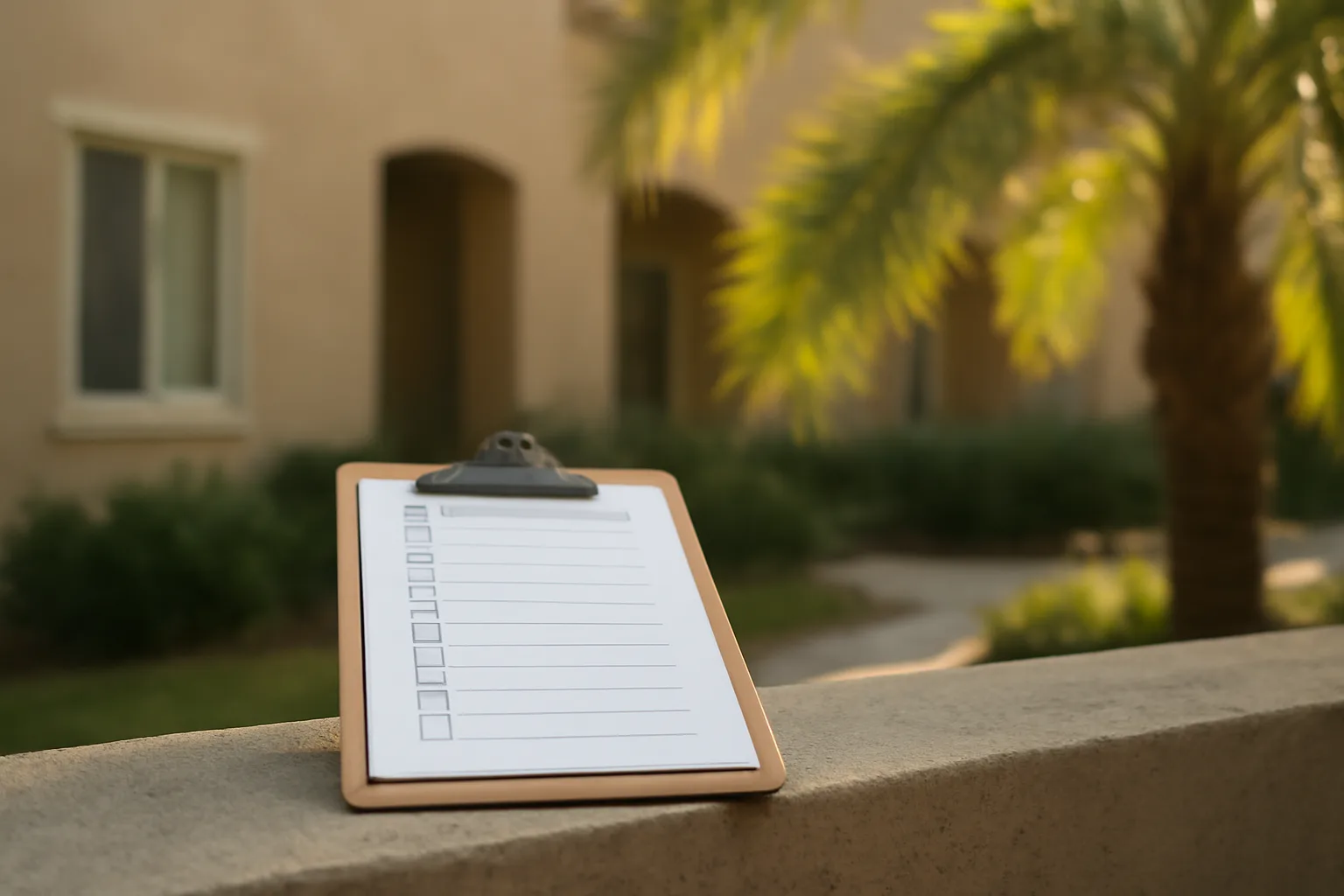 Inspection checklist on a wall outside a Florida condo building at sunrise