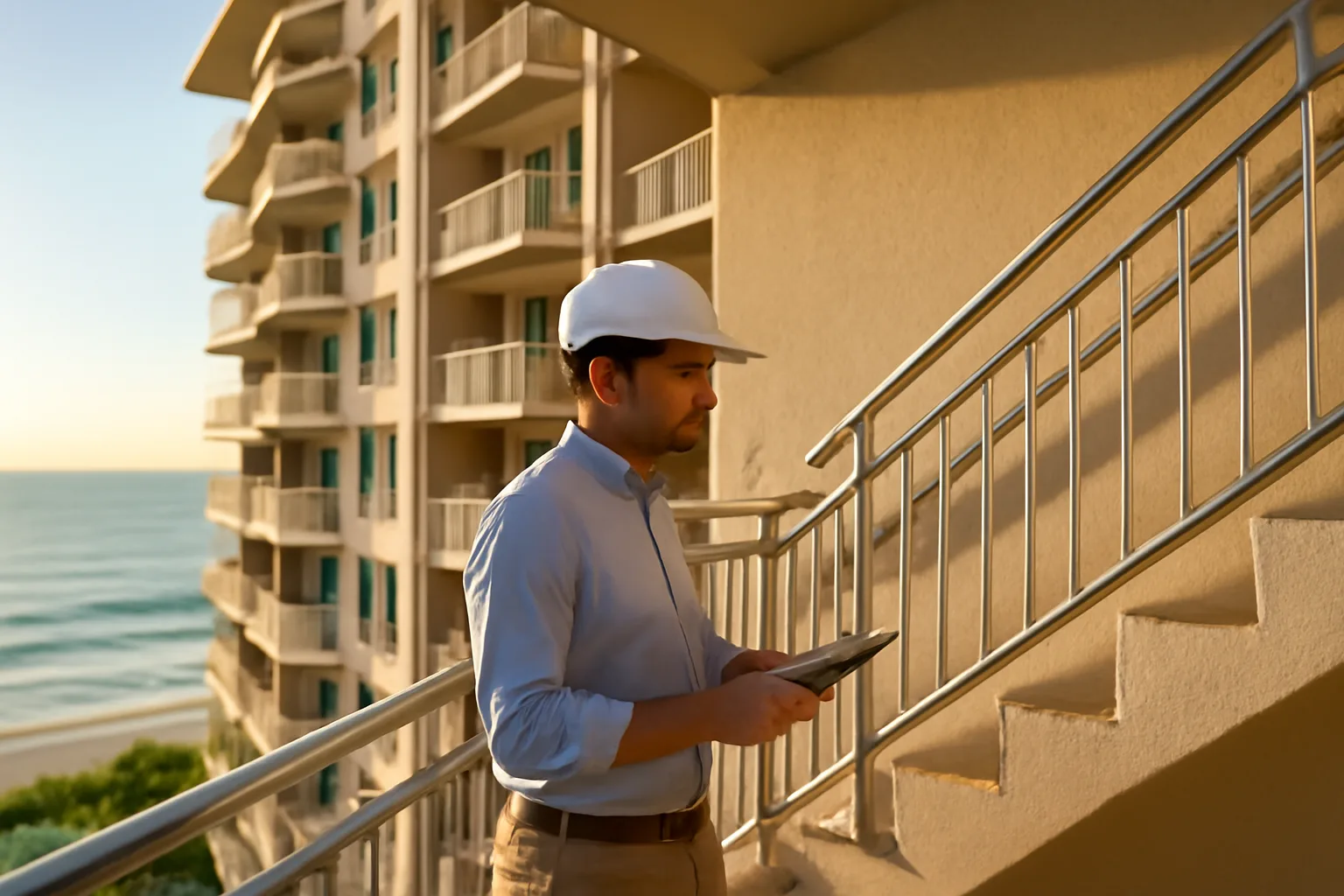 Engineer inspecting a Florida condo building exterior during a structural reserve study