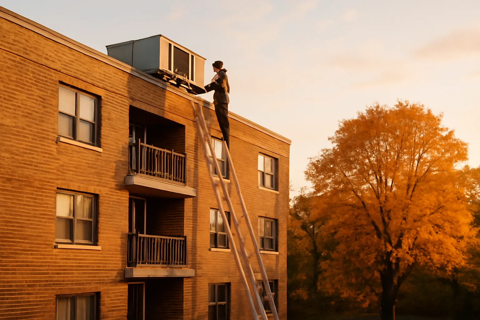 Inspector examining rooftop equipment on a New Jersey condo building during a reserve study