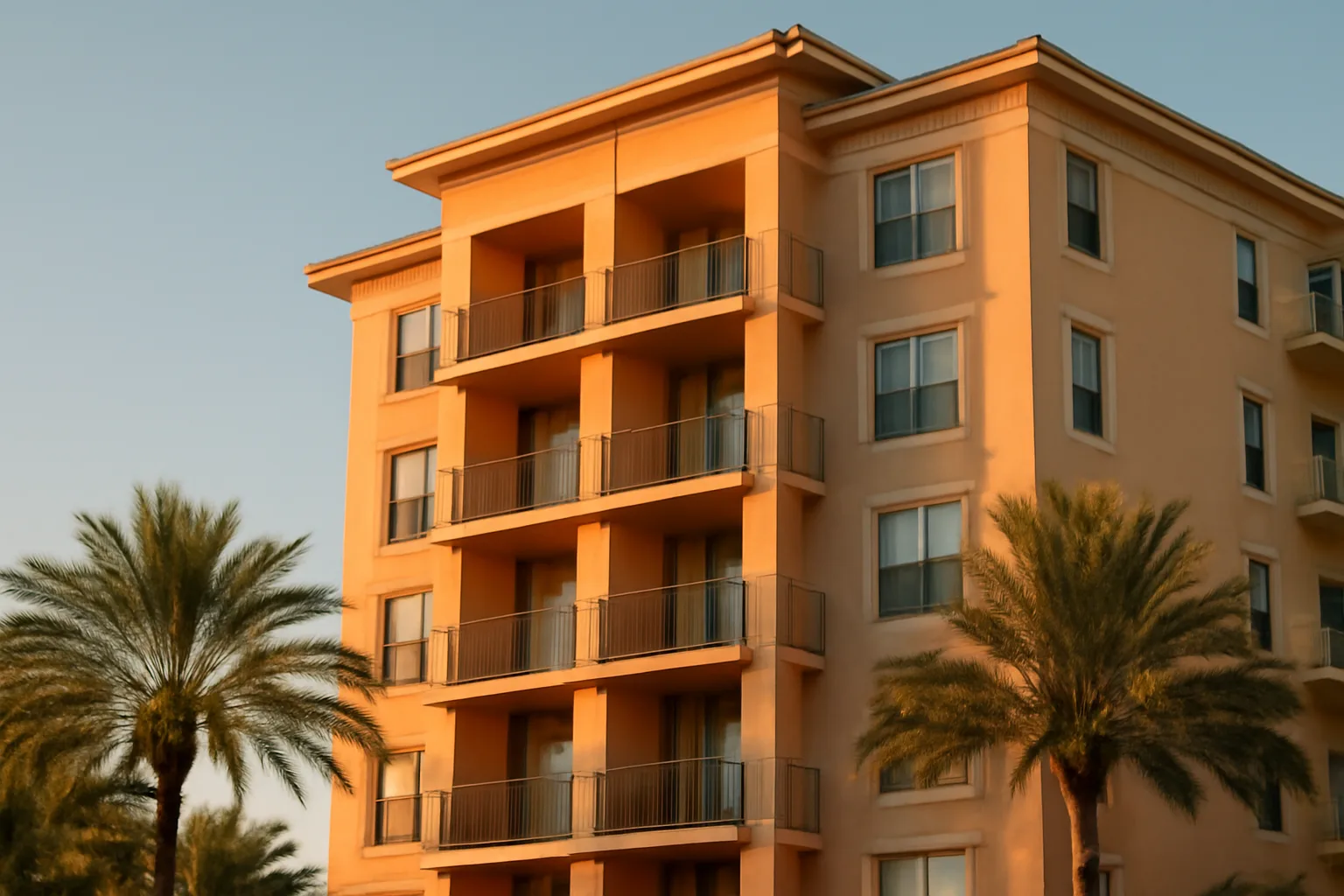 Florida condominium building exterior with multiple stories and balconies at sunset