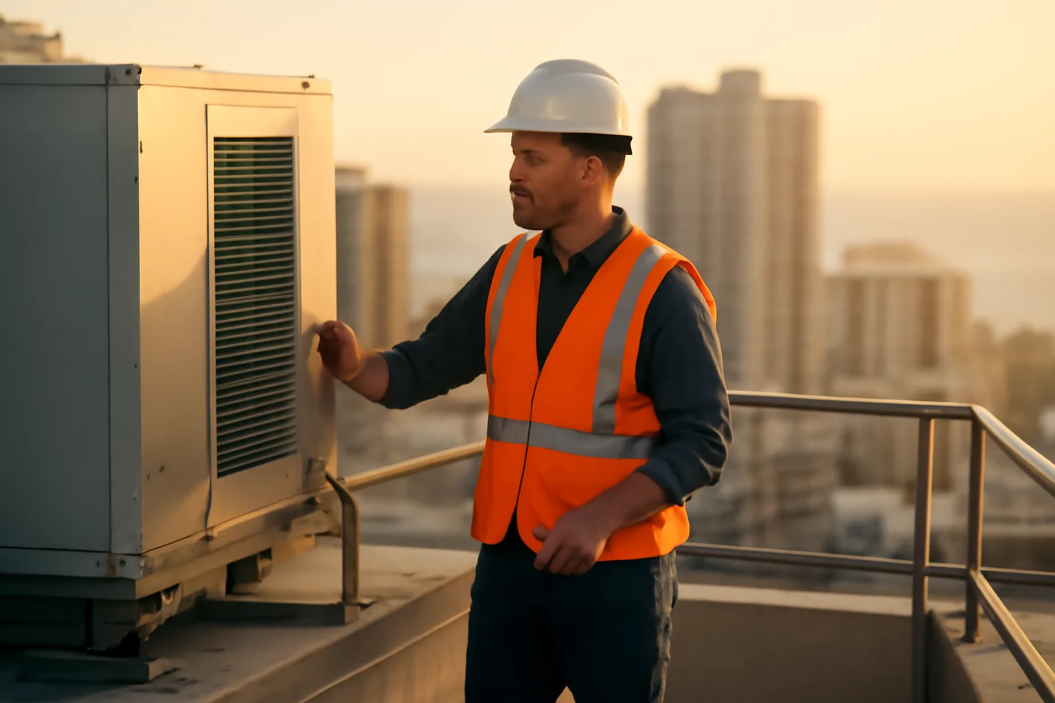 engineer inspecting rooftop structural components during a reserve study on a Florida condo building