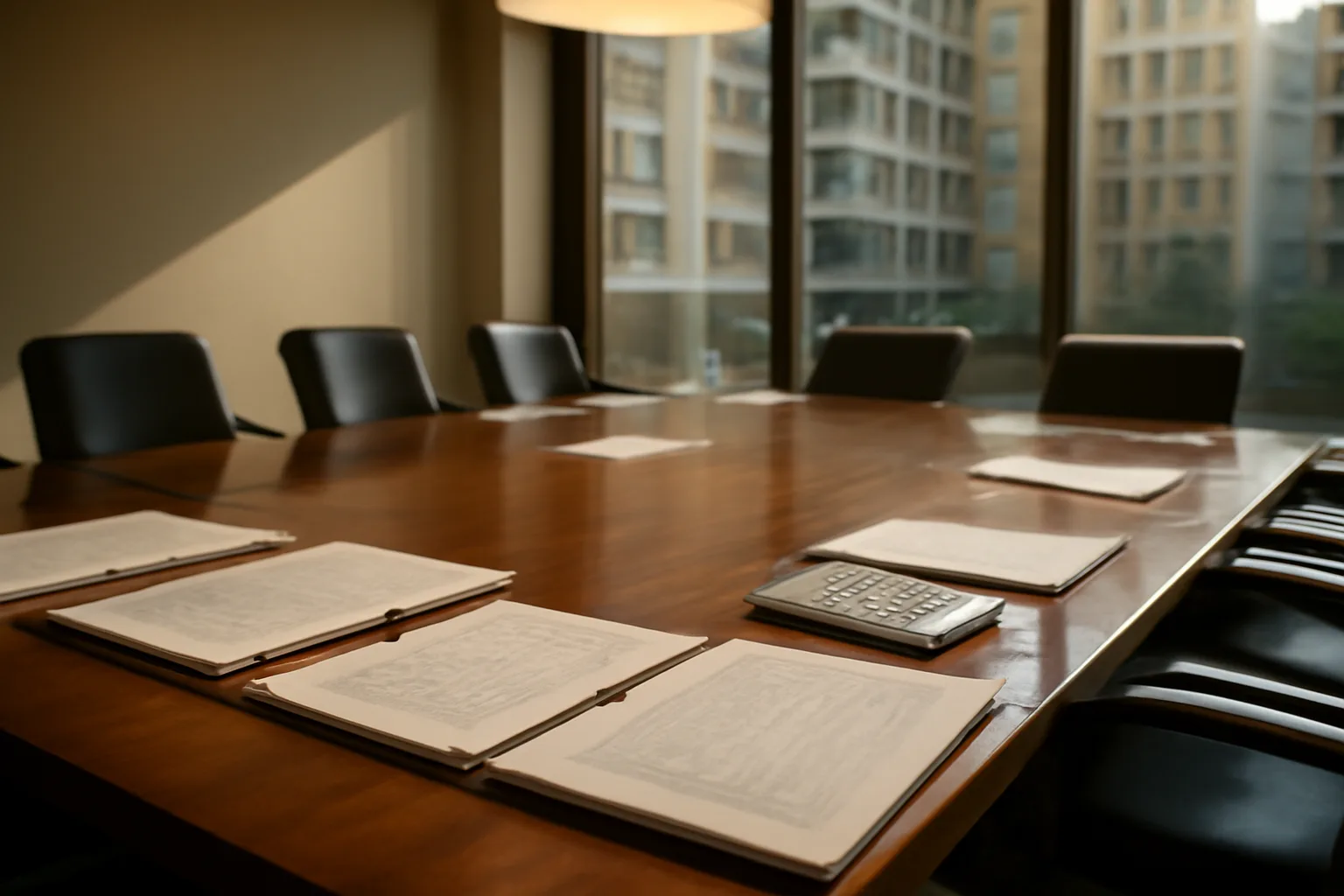 Condo board meeting room with financial documents prepared for assessment discussion
