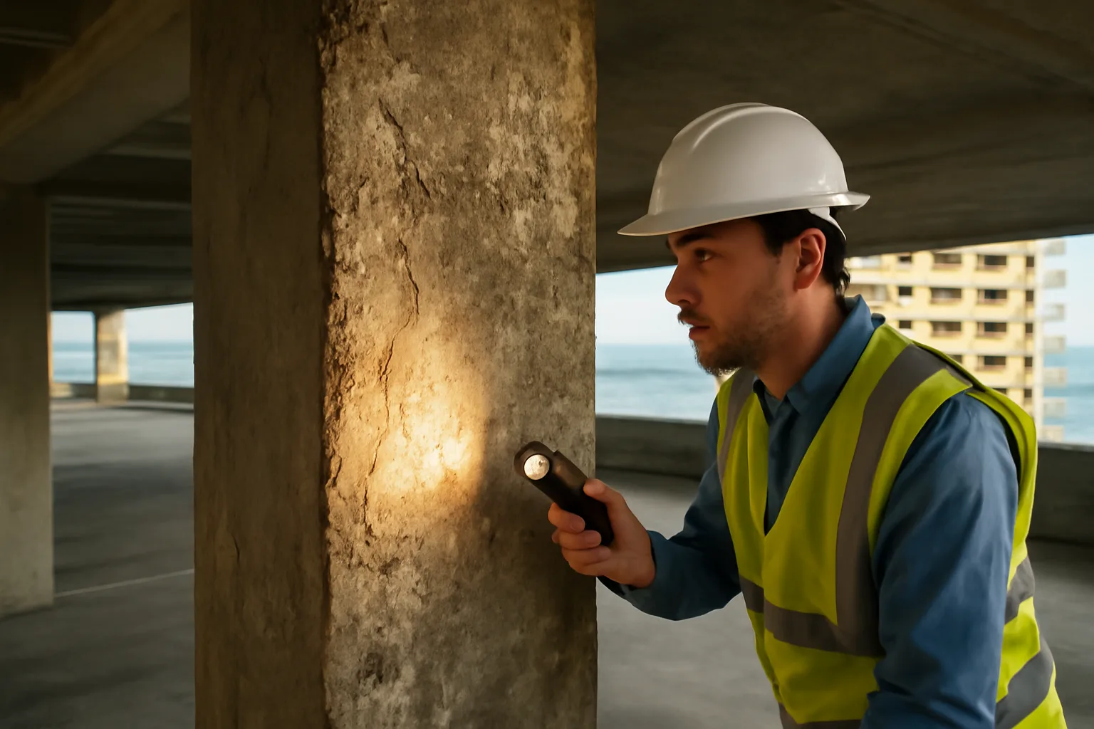 Engineer inspecting a condo building column as part of a reserve study