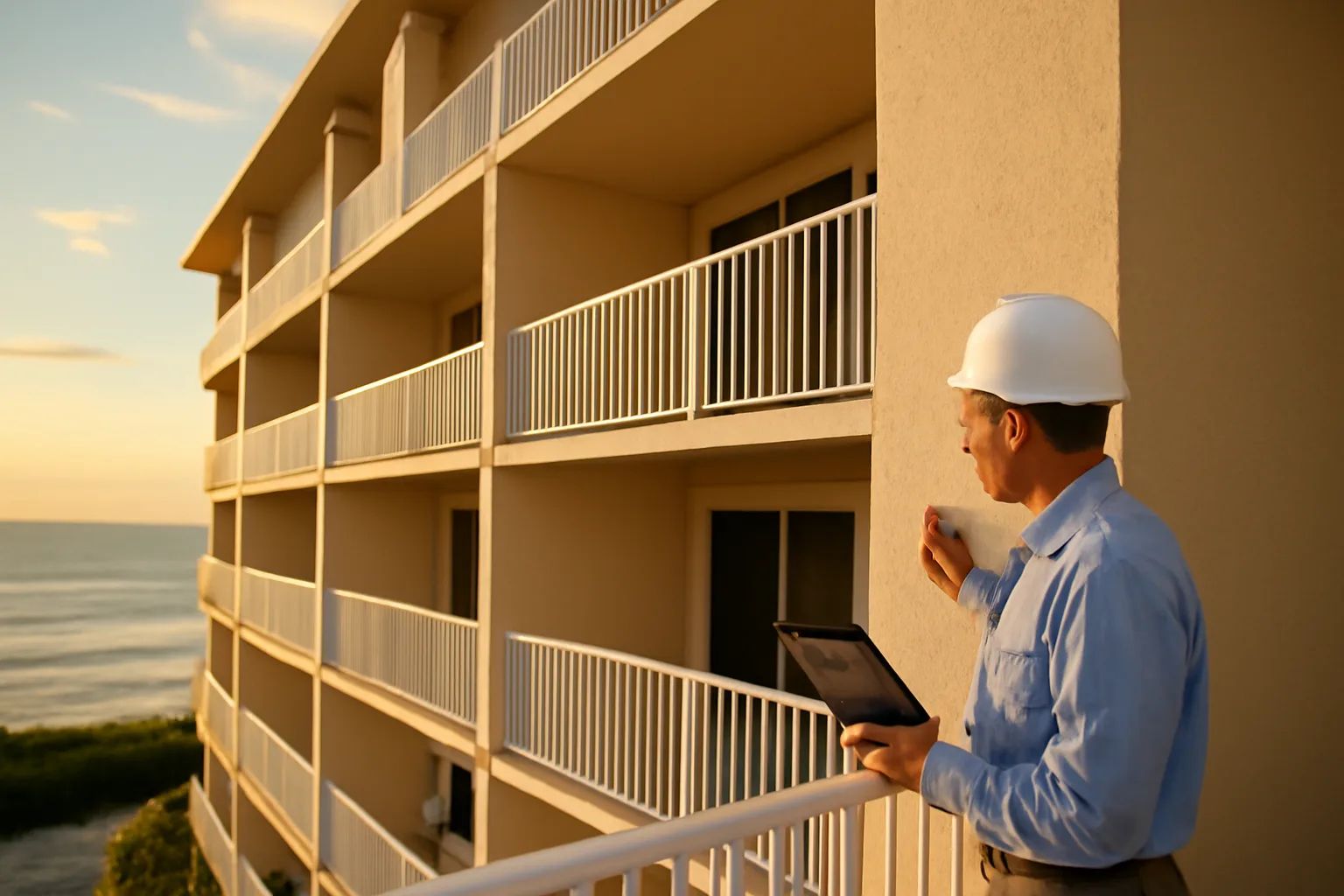Engineer inspecting a Florida coastal condo building's structure at sunset for SIRS compliance
