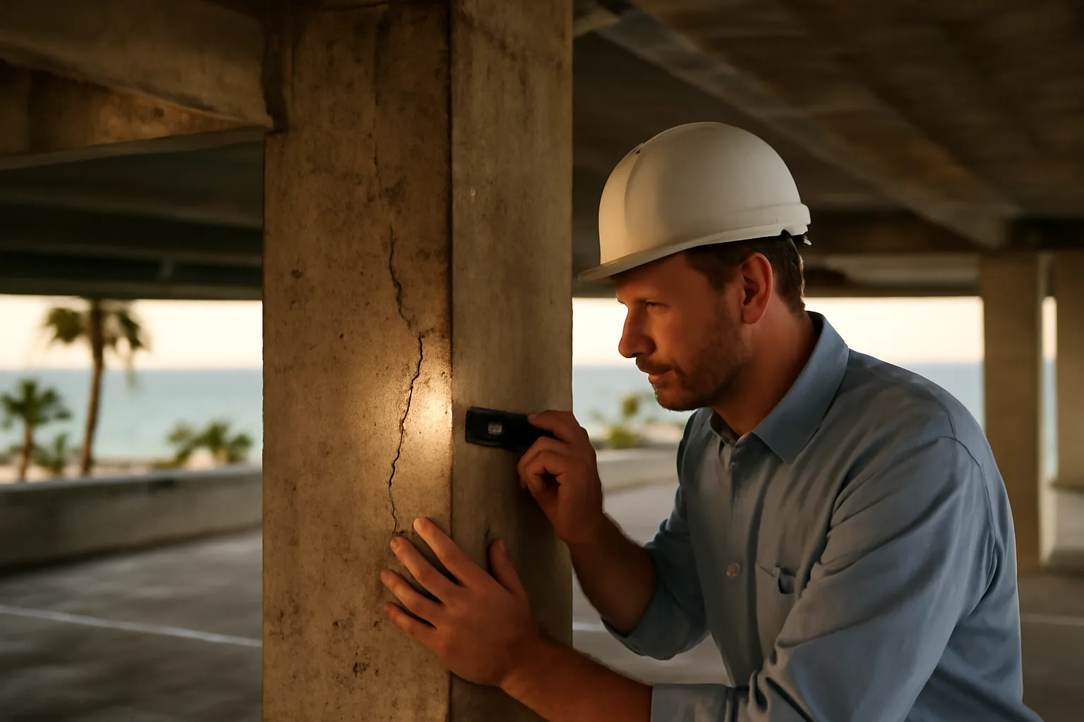 Engineer inspecting a concrete structural column under a Florida condo building for SIRS compliance