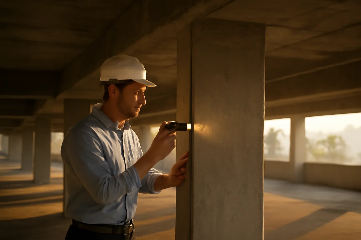 Engineer inspecting a concrete support column during a Florida condo SIRS inspection